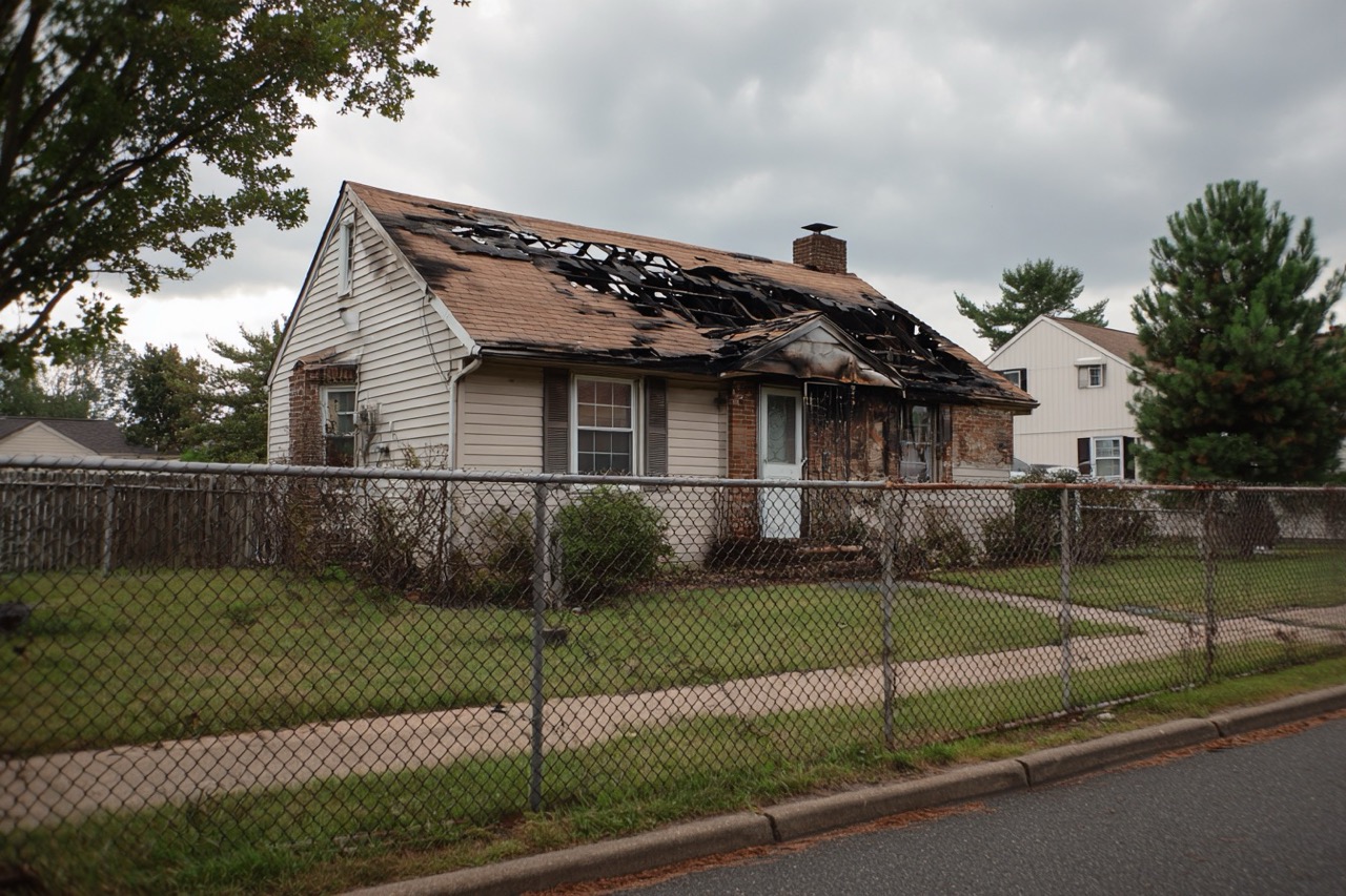 Fire damaged residential property exterior in Delaware neighborhood