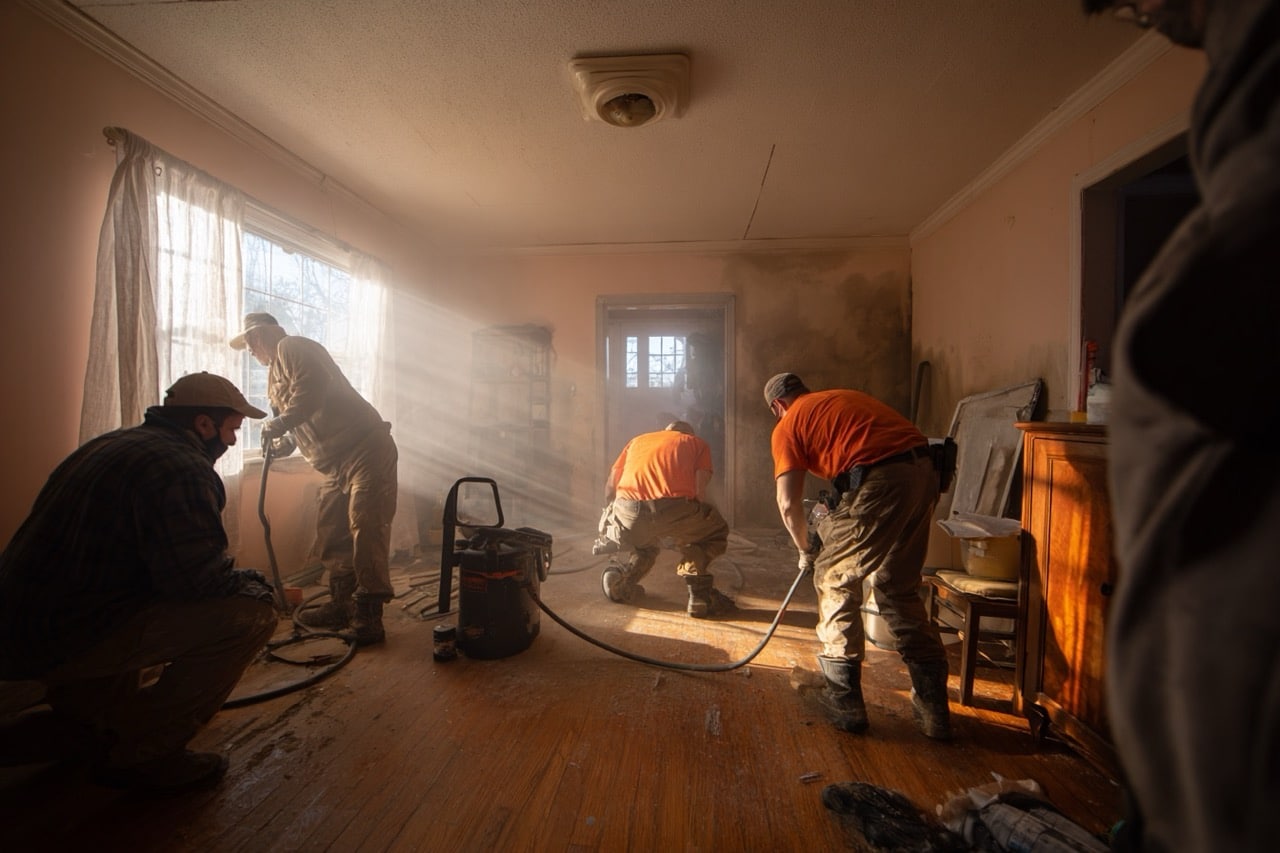 Fire damage restoration work being performed on Delaware home