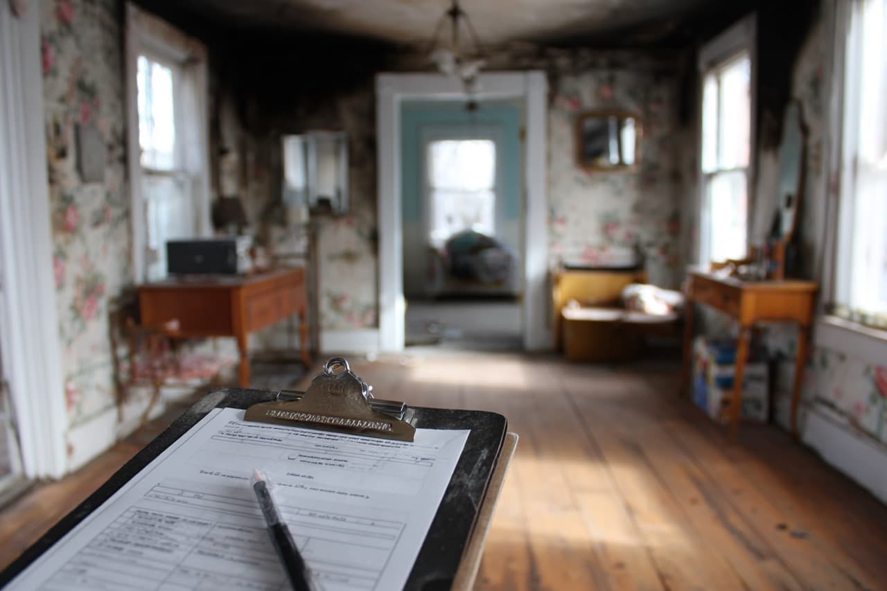 Professional inspecting fire damaged property in Delaware